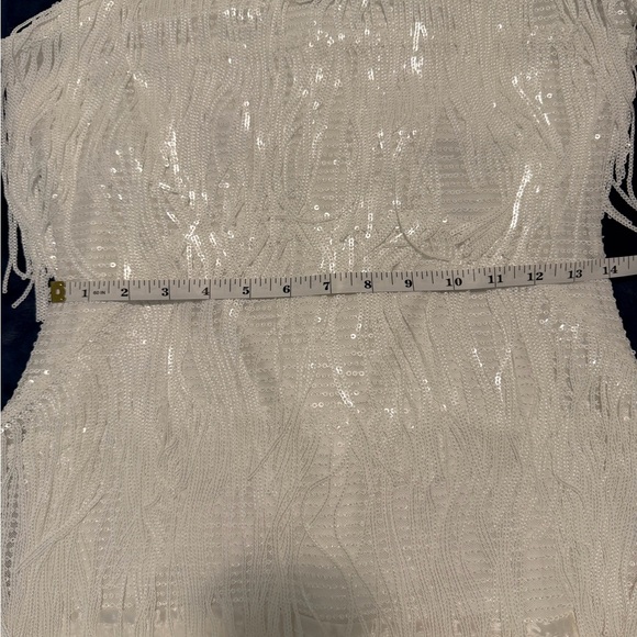 White Sequined Fringe & Feather Mini Dress - Picture 8 of 10